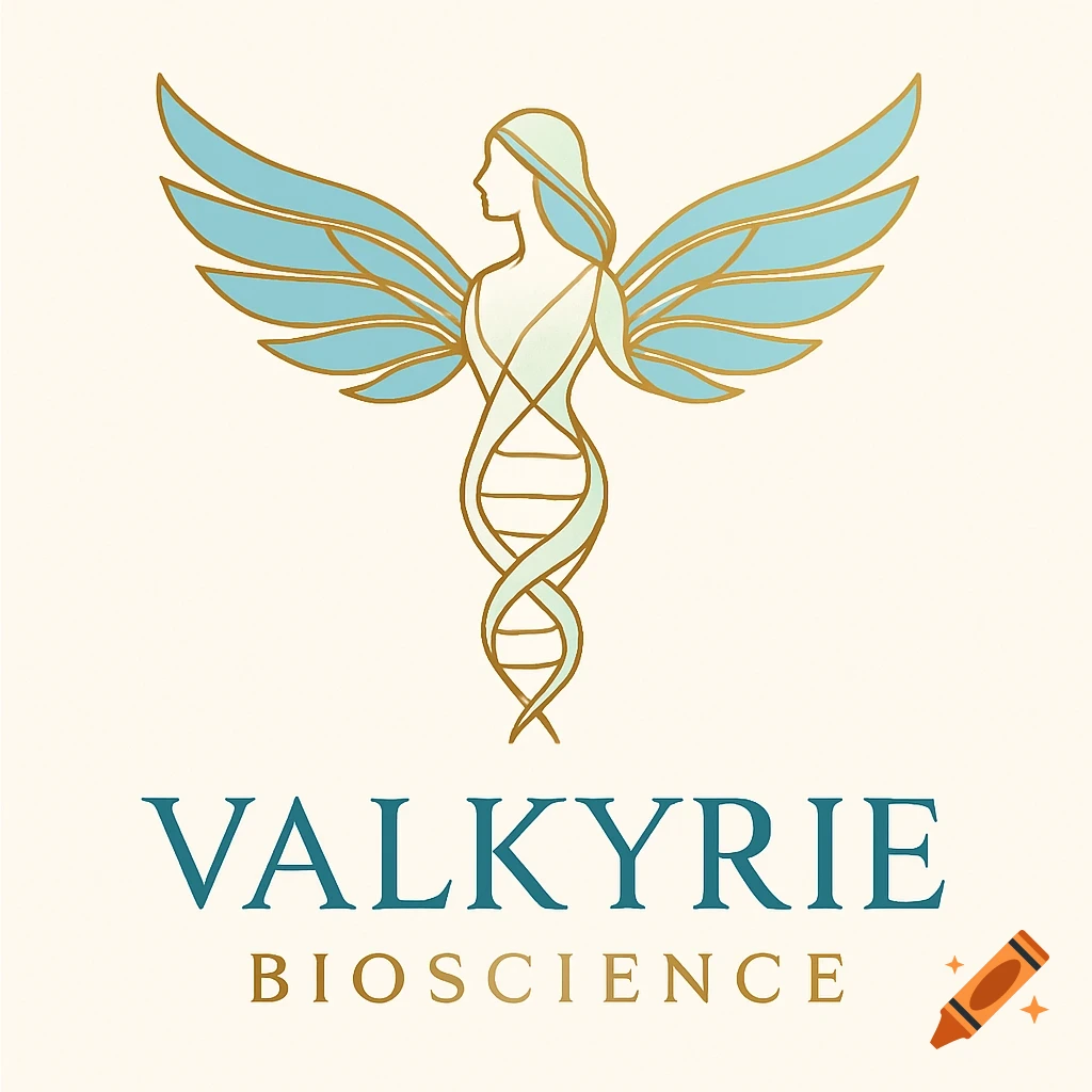 A logo featuring a stylized female silhouette with light blue wings and a golden DNA helix forming her body, with "VALKYRIE BIOSCIENCE" text below.