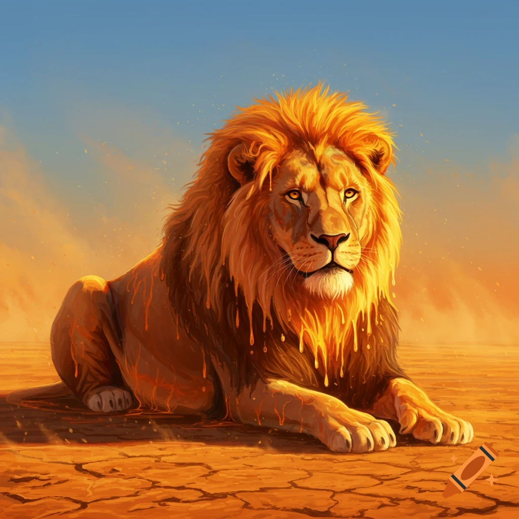 A majestic lion with a golden mane and body melts into liquid gold on a cracked desert floor under an orange and blue sky, digital art.