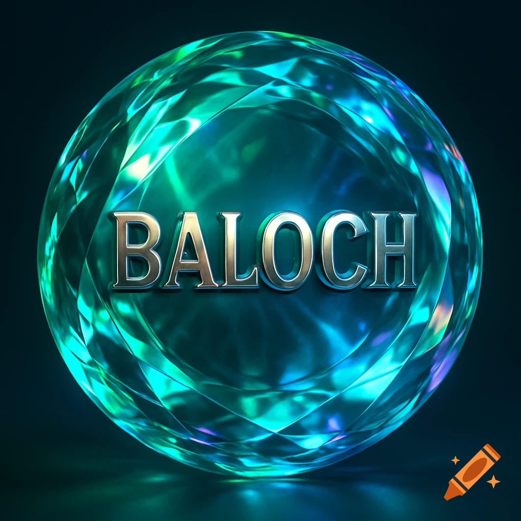 A soft 3D crystal-like round logo glows with emerald green, aqua blue, and violet lights, featuring the metallic word BALOCH embossed centrally.