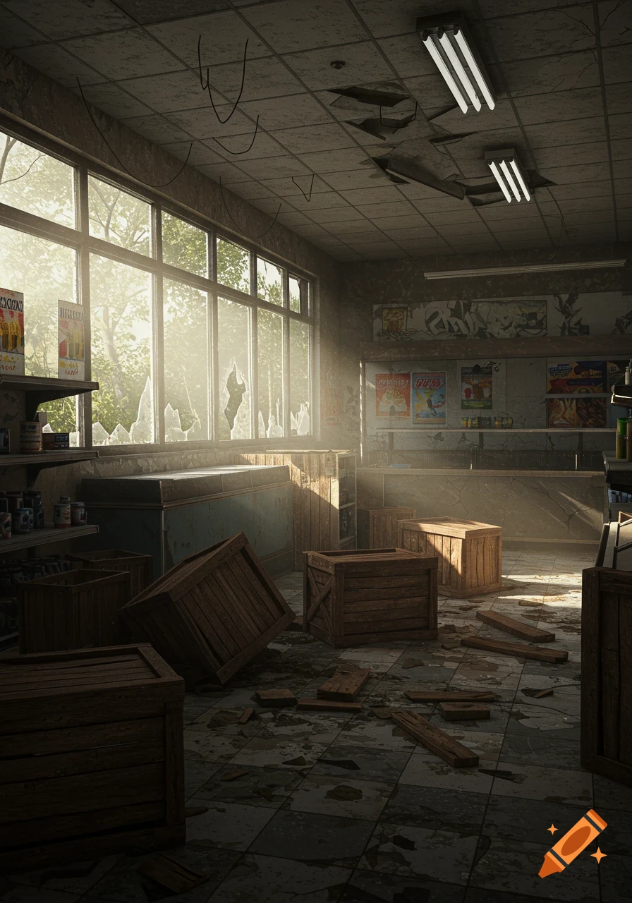 A dilapidated convenience store interior with sunlight streaming through broken windows, wooden crates scattered on the messy floor, and damaged shelves.