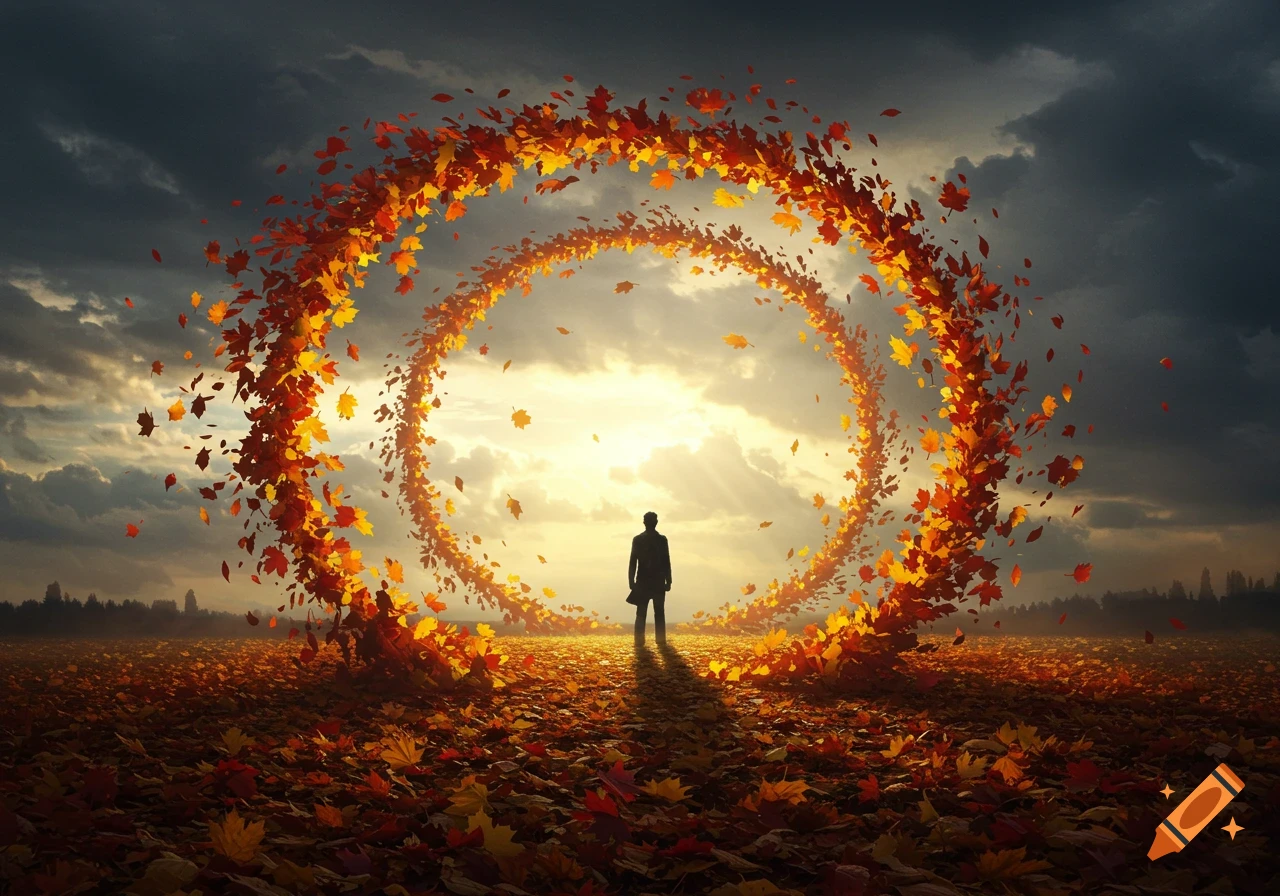 A lone figure stands in a field of fallen autumn leaves, framed by two swirling rings of glowing orange leaves under a dramatic sunset sky.