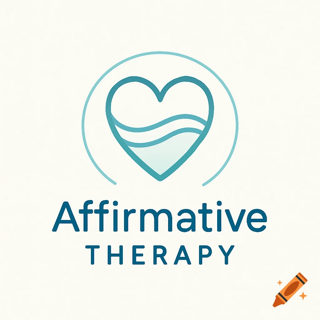 A minimalist logo for affirmative therapy featuring a teal heart with waves inside a circle, above the words 'Affirmative THERAPY'.