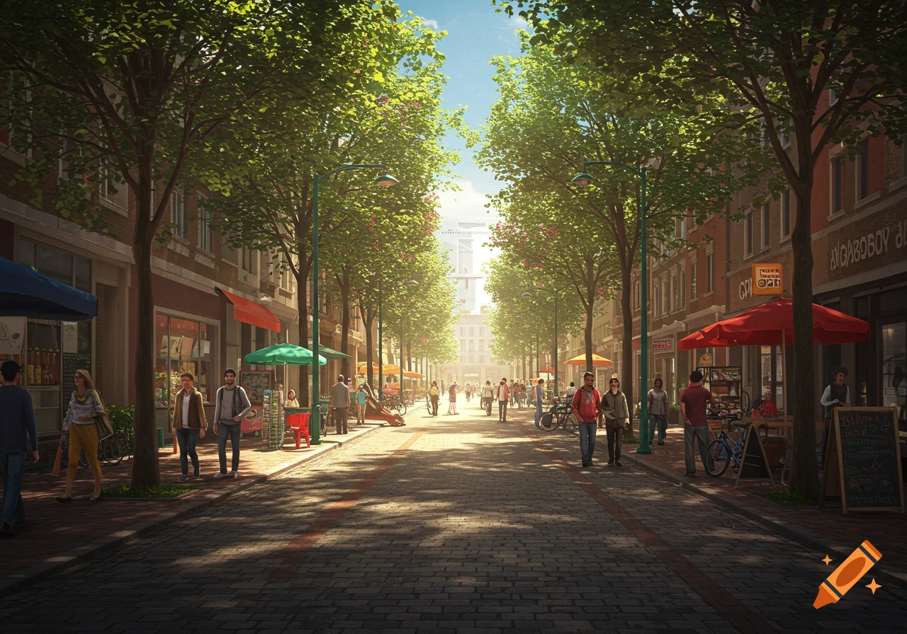 A vibrant street scene with people walking on a cobblestone path lined with shops and lush green trees under a bright sky.