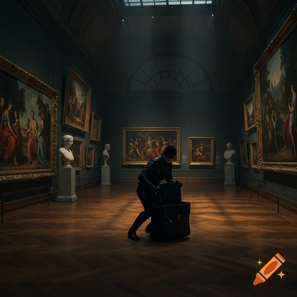 A masked thief in a black suit opens a bag in a dimly lit museum gallery surrounded by large paintings, photorealistic.