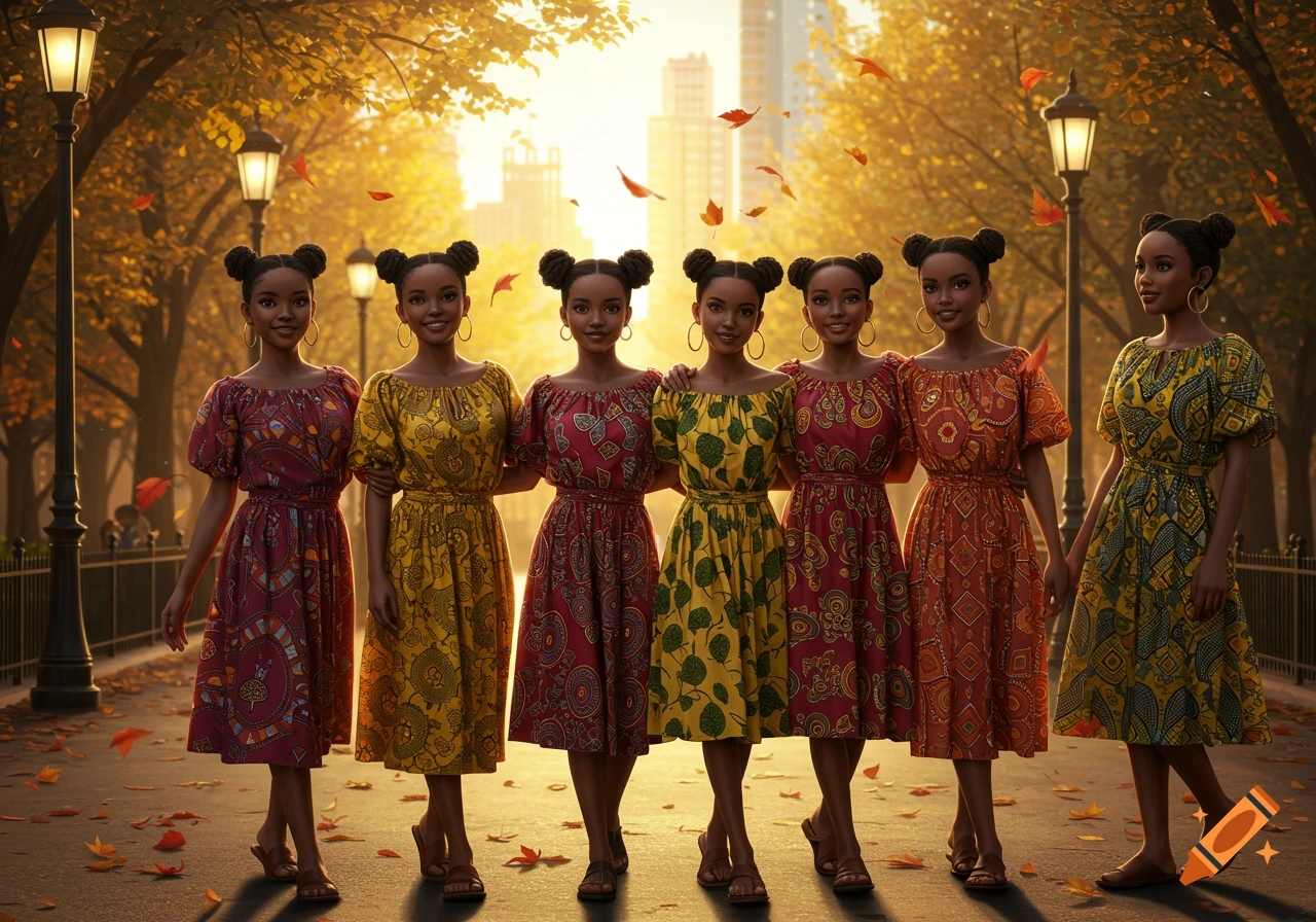 Six young women in colorful patterned dresses walk along an autumn park path with falling leaves and city buildings in the background.
