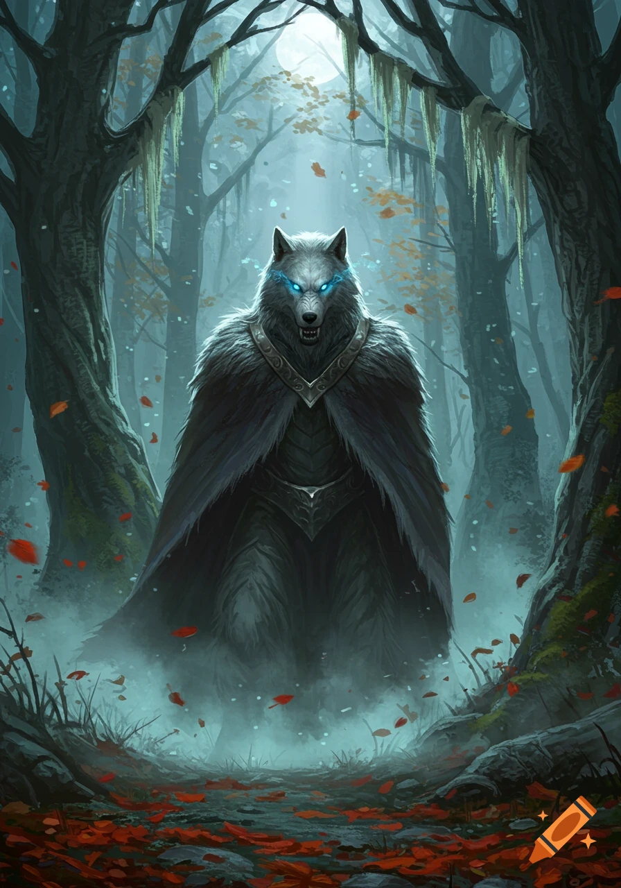 Dark fantasy illustration of a cloaked werewolf with glowing blue eyes in a misty, moonlit forest with red leaves.