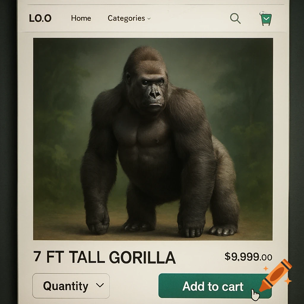 A photorealistic 7 ft tall gorilla displayed on a digital e-commerce product page, priced at $9,999.00, with an 'Add to cart' button.
