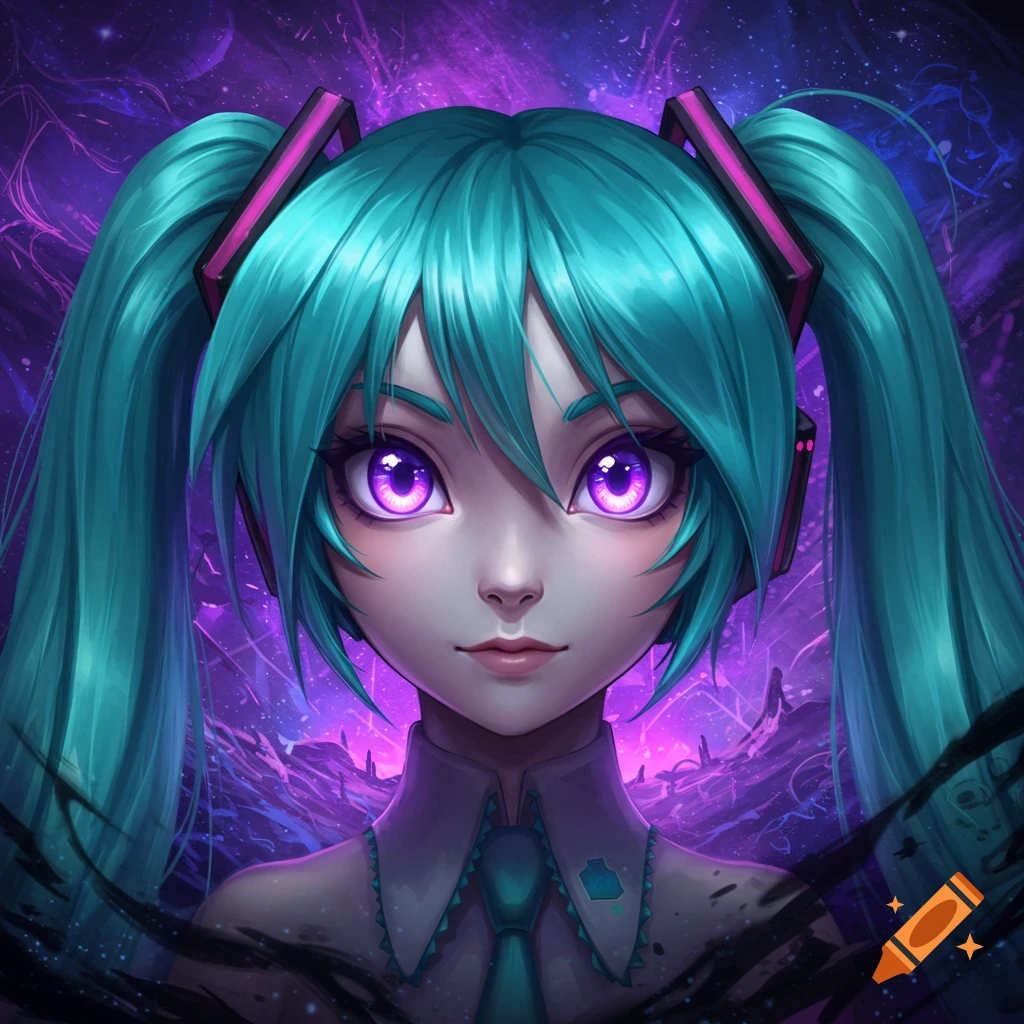 A stylized portrait of Hatsune Miku with Mewtwo-like features, vibrant teal hair, glowing purple eyes, on a cosmic purple background.