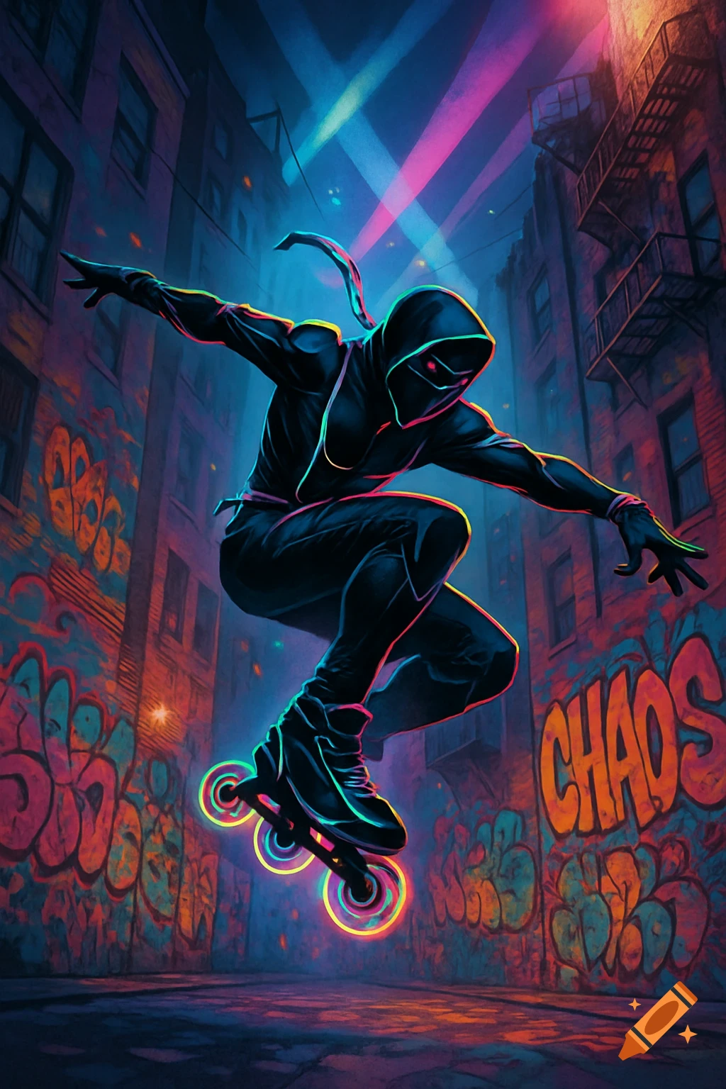 A neon-outlined ninja on glowing rollerblades jumps in a graffiti-covered urban alley with vibrant spotlights.