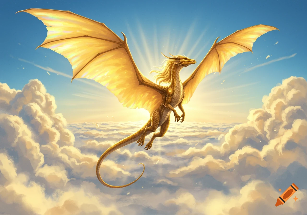 A golden dragon with large wings soars gracefully through a bright blue sky filled with white clouds, illuminated by sunlight.