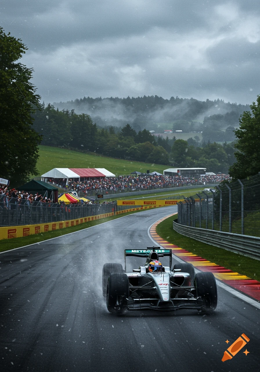 A photorealistic Formula 1 car races on a wet track during a rainy grand prix, with spectators and misty hills in the background.