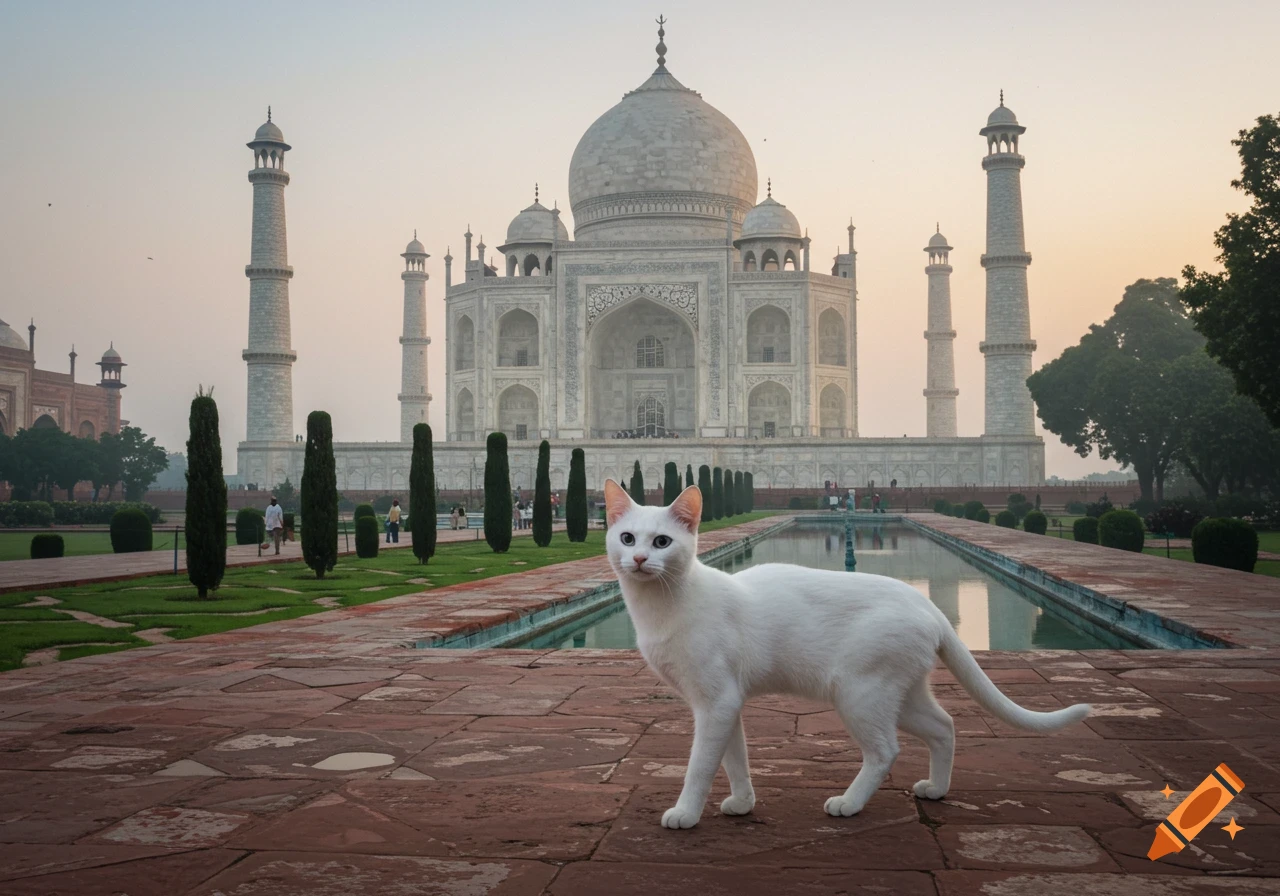 A white cat stands on a reddish brick path in front of the white marble Taj Mahal, its reflecting pool, and surrounding gardens.