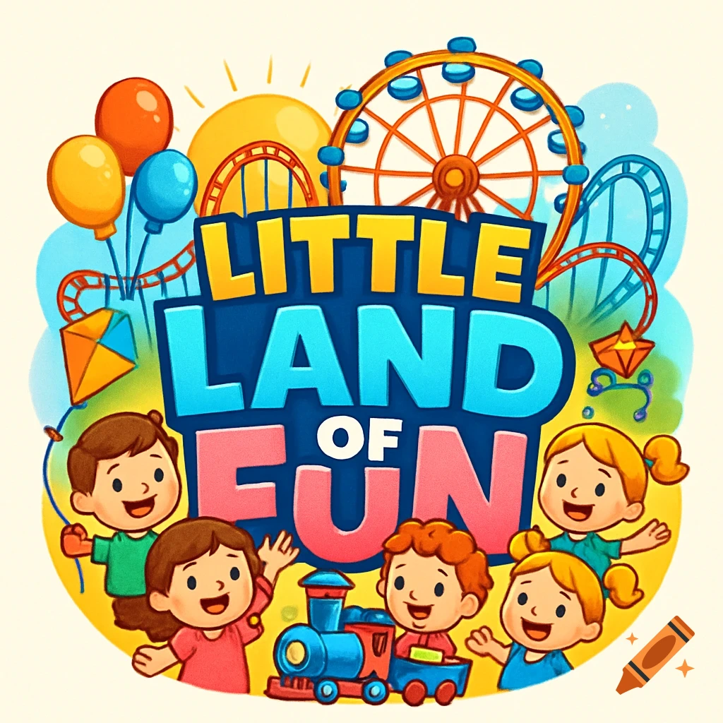 Colorful cartoon logo for 'LITTLE LAND OF FUN' with children, a Ferris wheel, roller coasters, balloons, and a toy train.
