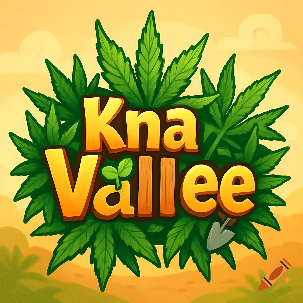 A cartoon logo with gold text "KnaVallee" surrounded by green cannabis leaves and a small shovel, set against a warm orange and green background.