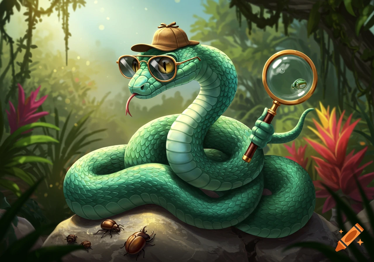 A cartoon green snake wearing sunglasses and a cap, holding a magnifying glass to look at a beetle in a lush jungle setting.