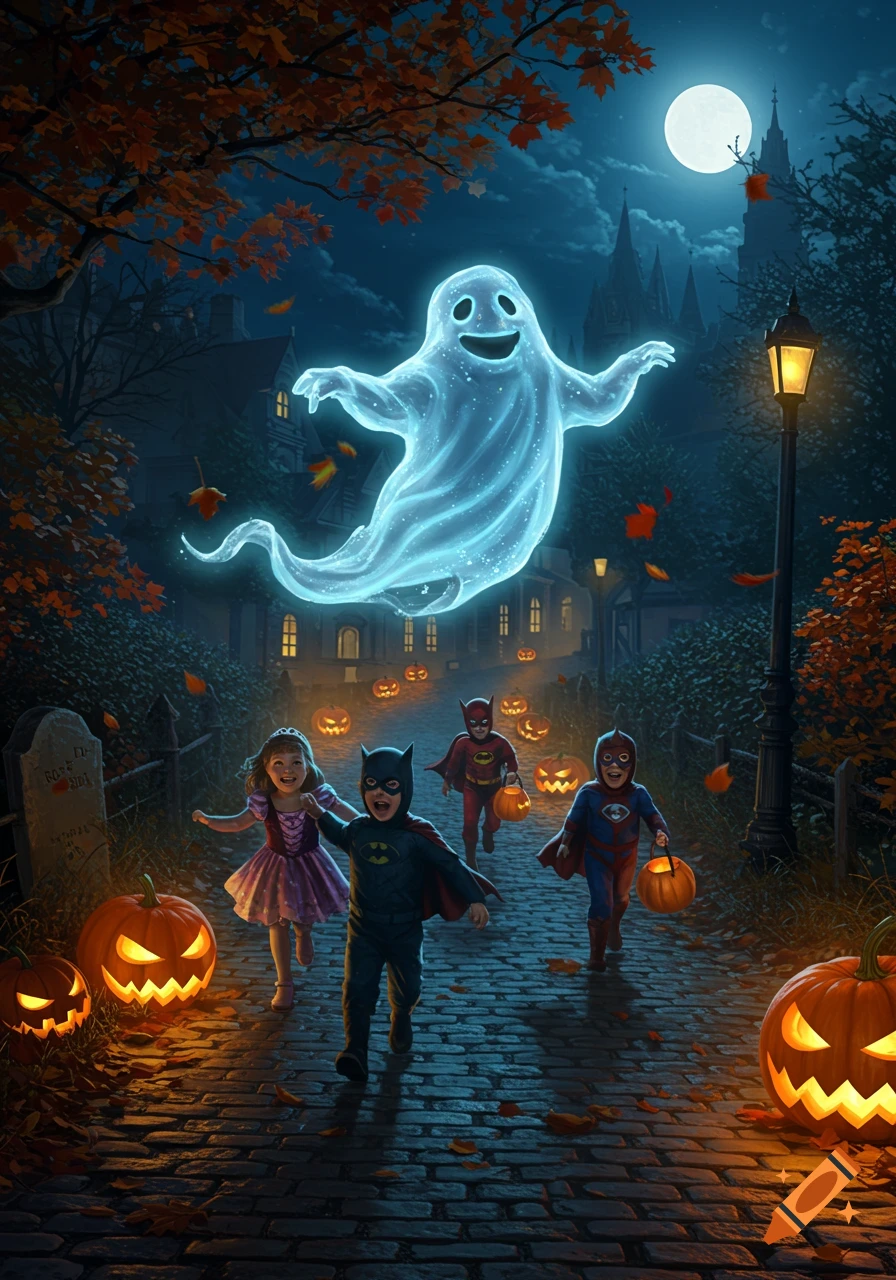 Children in Halloween costumes run on a cobblestone path lined with glowing jack-o'-lanterns, a luminous ghost floats above them under a full moon.