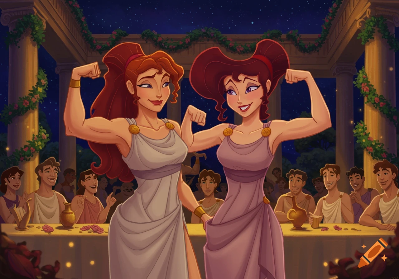 Two cartoon women, one resembling Megara from Hercules, flex their muscular arms at a nighttime toga party.