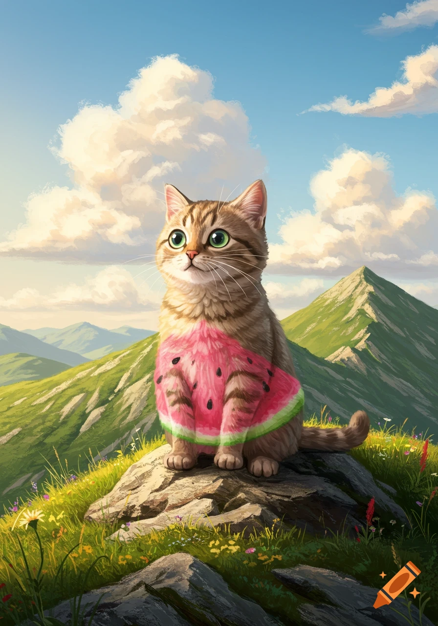 A cute tabby cat wearing a watermelon outfit sits on a rock on a grassy mountain, looking up at the blue sky, in an illustrative style.