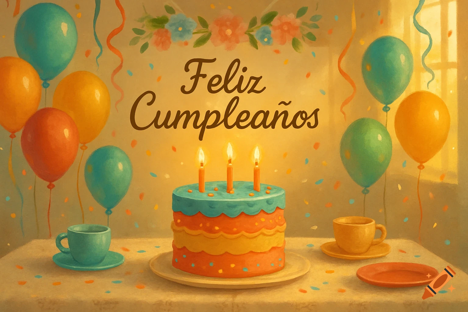 A painterly illustration of a birthday cake with three lit candles, balloons, and cups on a table, with 'Feliz Cumpleaños' text.
