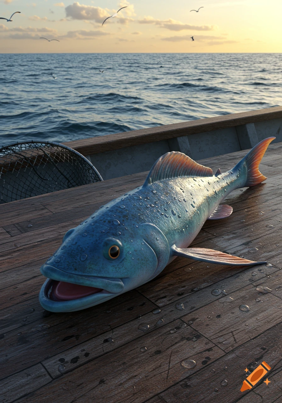 A stylized blue and orange fish covered in water droplets lies on a wooden boat deck, overlooking the ocean at sunset with seagulls flying.