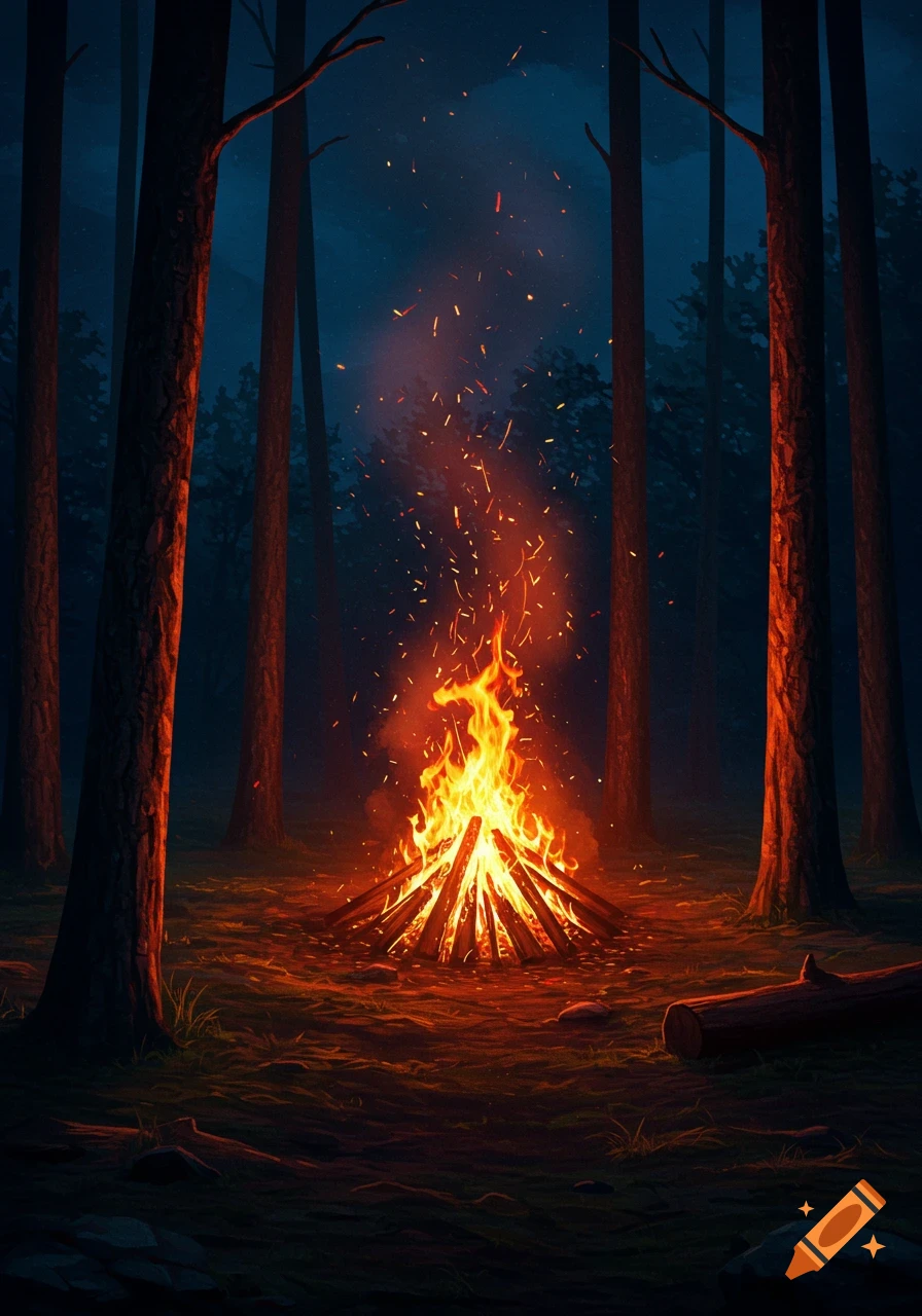 A vibrant campfire glows brightly in a dark, mysterious forest at night, with embers sparkling upwards.