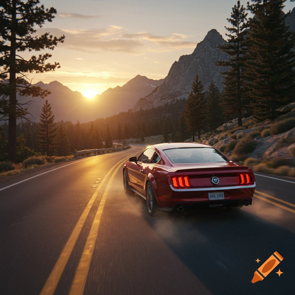 A red Mustang sports car drives along a winding mountain road at sunset, with golden light illuminating the scene.