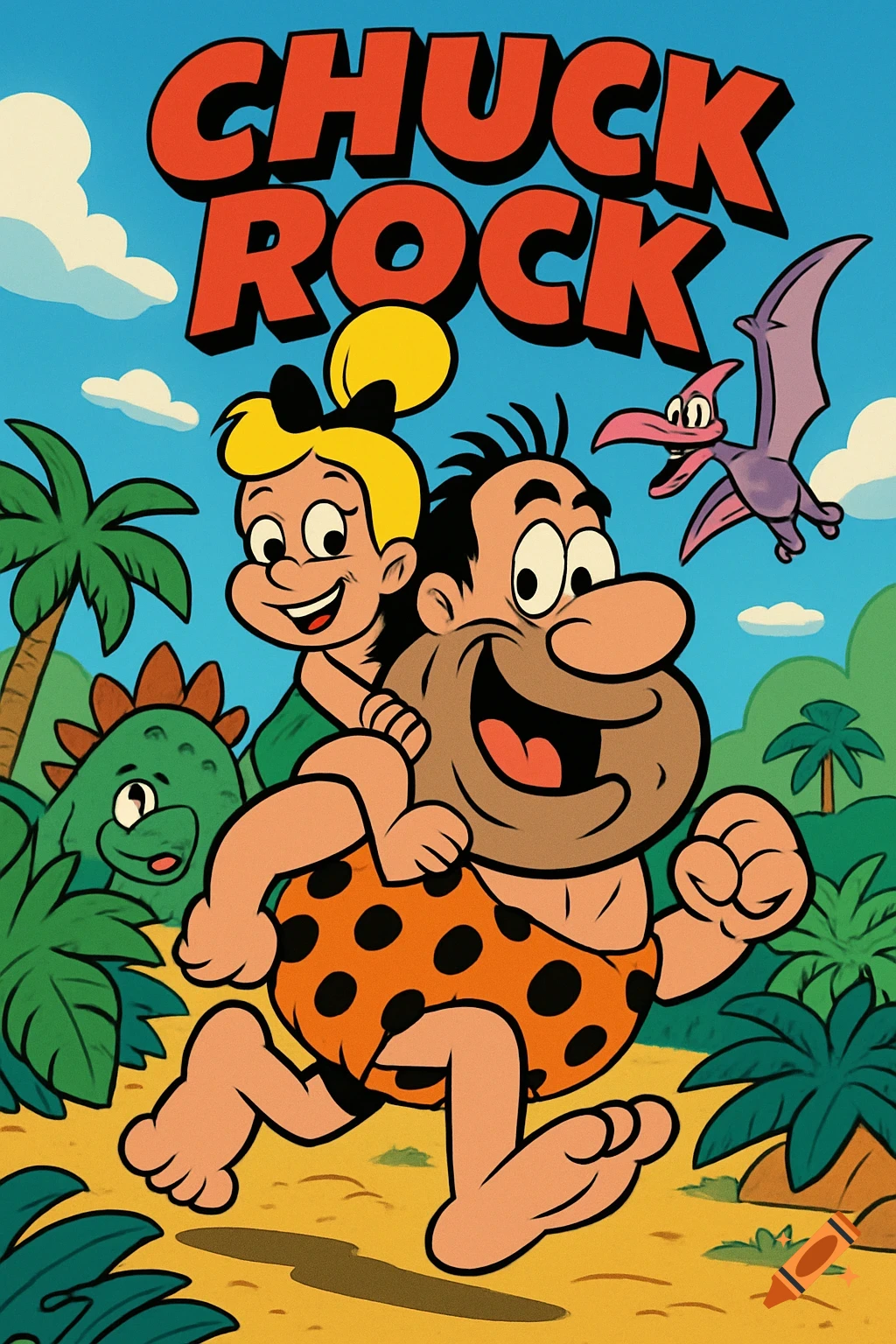 Cartoon poster for 'CHUCK ROCK' game, featuring a goofy caveman carrying a woman on his back, running through a prehistoric landscape with dinosaurs.