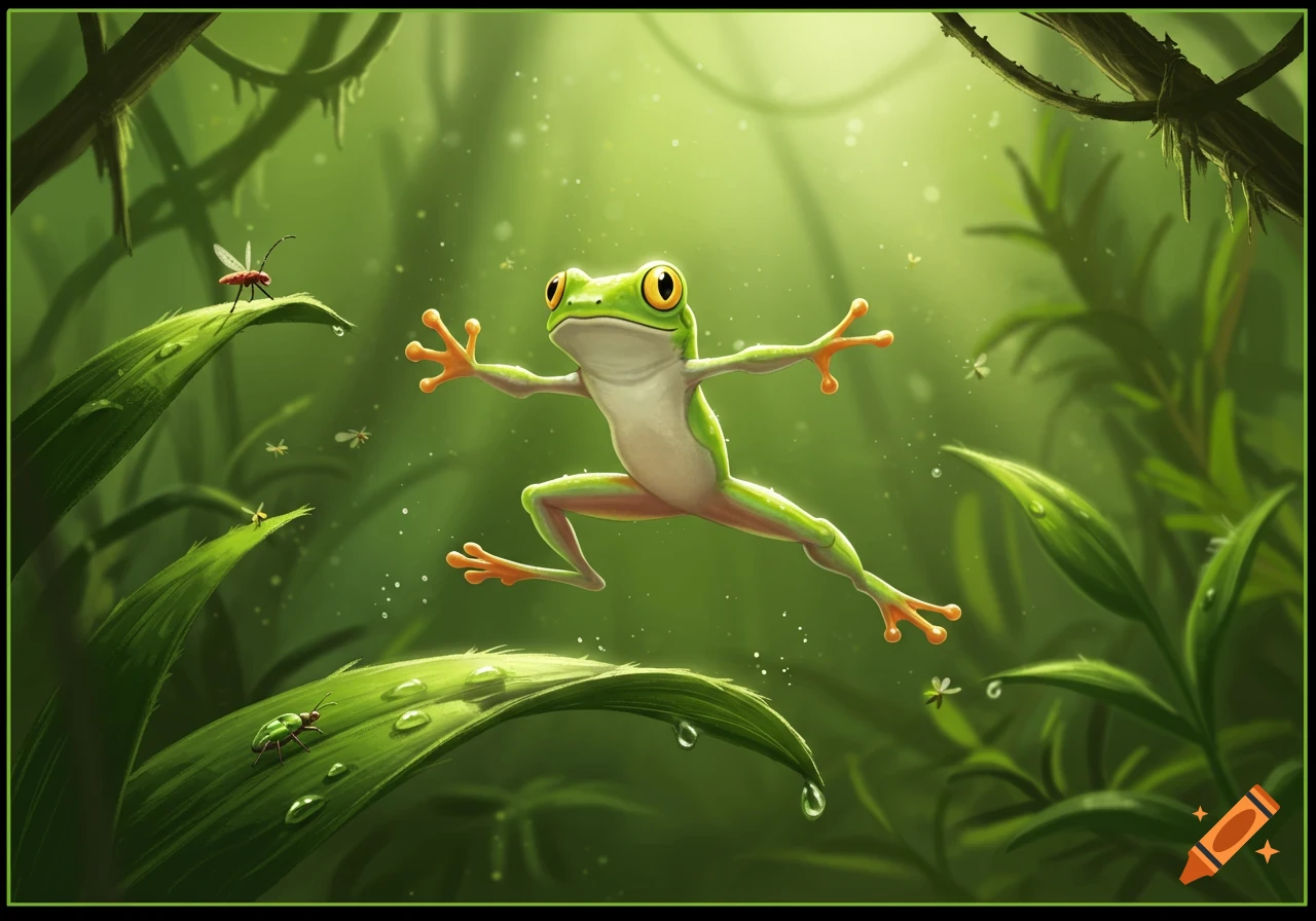 A cartoon green tree frog leaps across dewy leaves in a bright, lush jungle, with small insects, in a stylized illustration.
