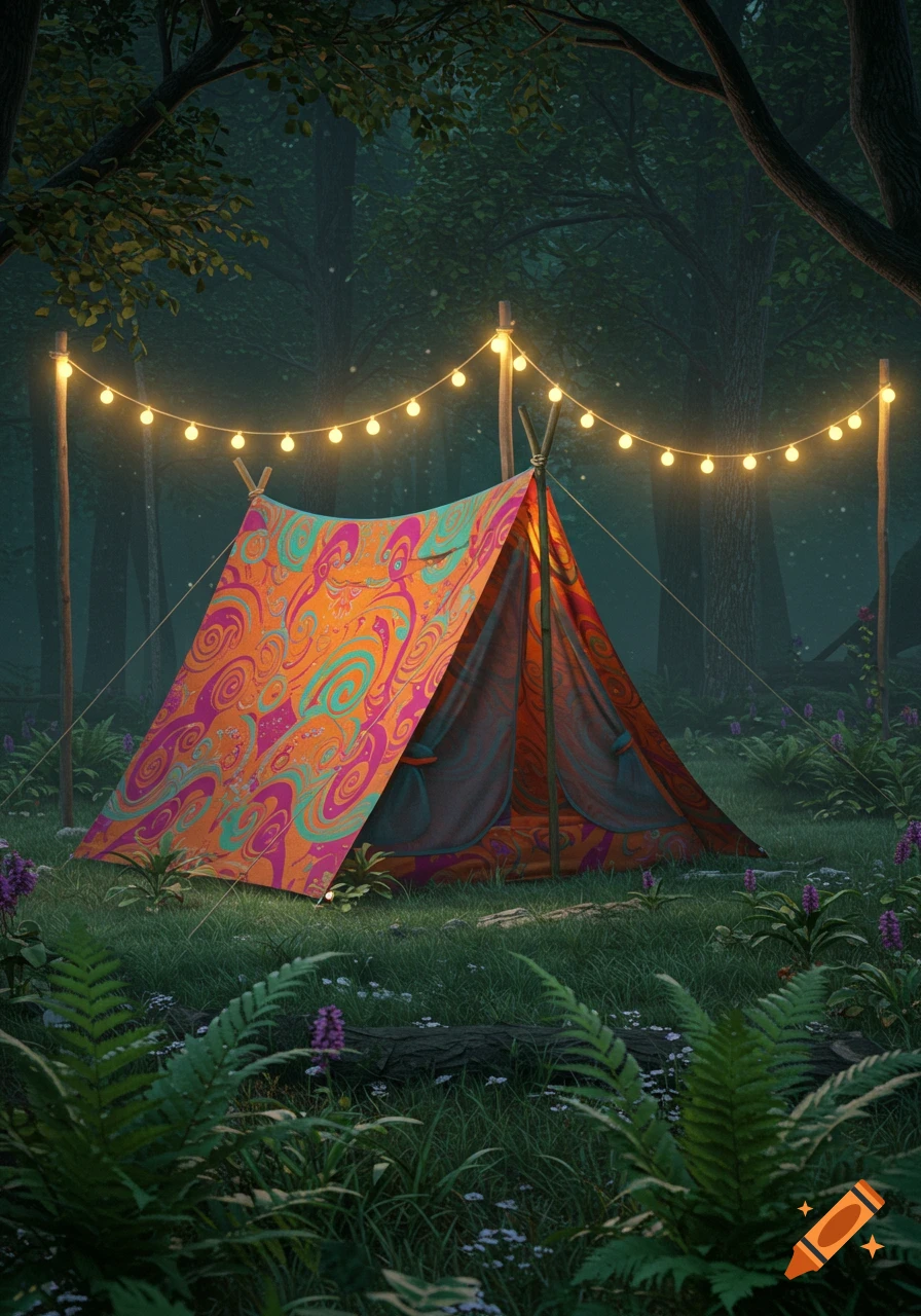 A colorful, patterned tent illuminated by string lights sits in a dark, lush forest clearing at night, with green grass and ferns.
