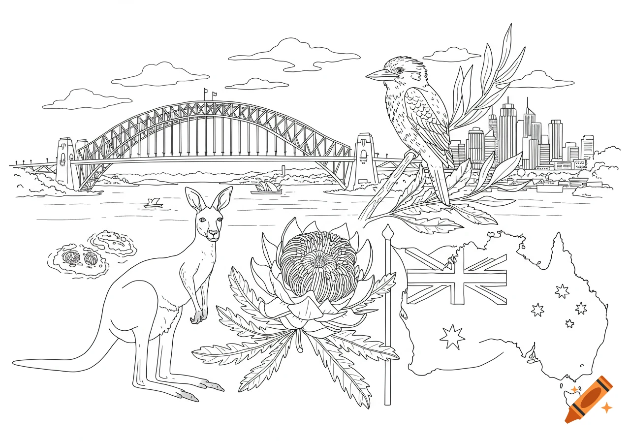 Black and white coloring page featuring Australian landmarks and wildlife like the Sydney Harbour Bridge, a kangaroo, kookaburra, and waratah flower.