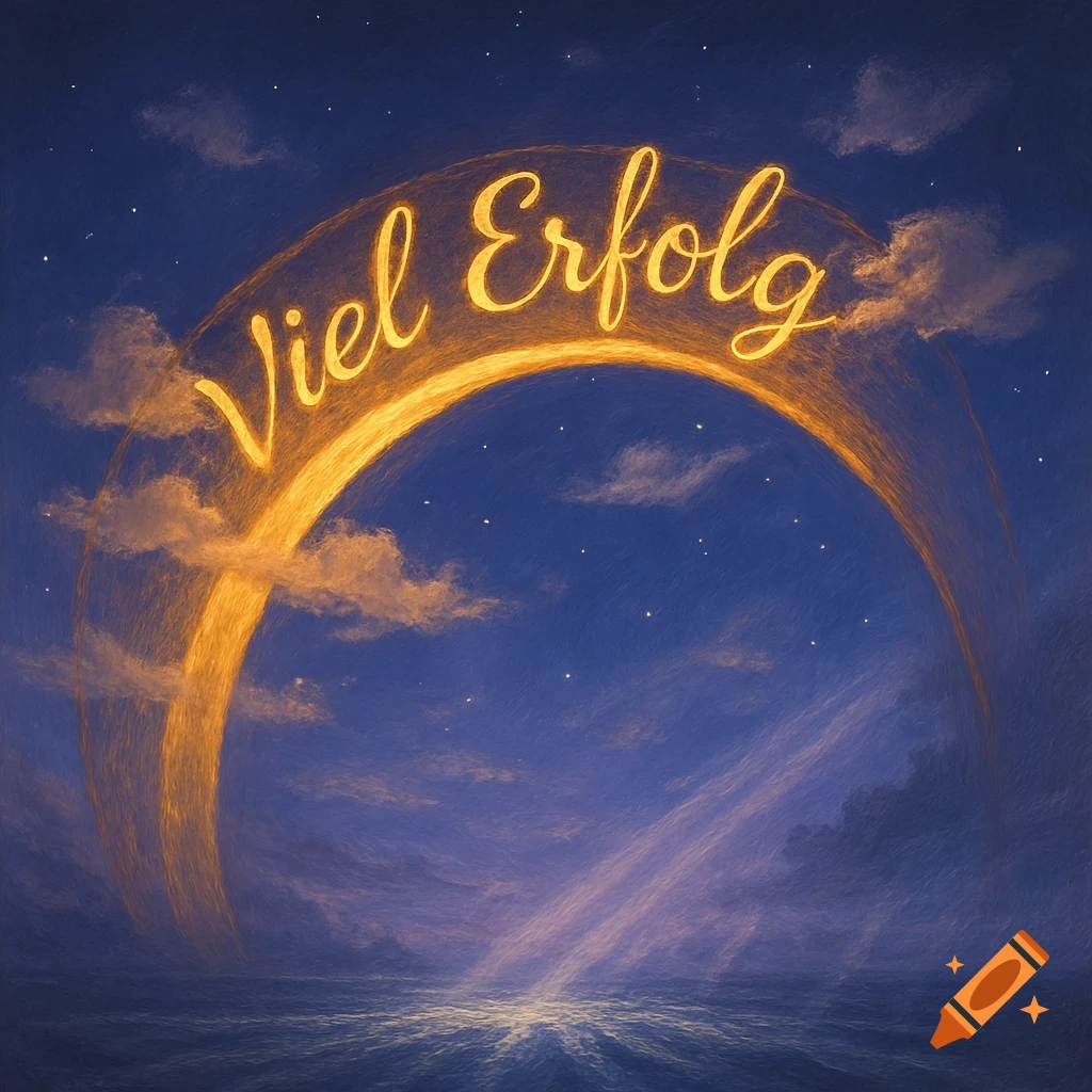 A glowing golden arch with the words "Viel Erfolg" written in script spans across a dark starry night sky above a textured ocean.