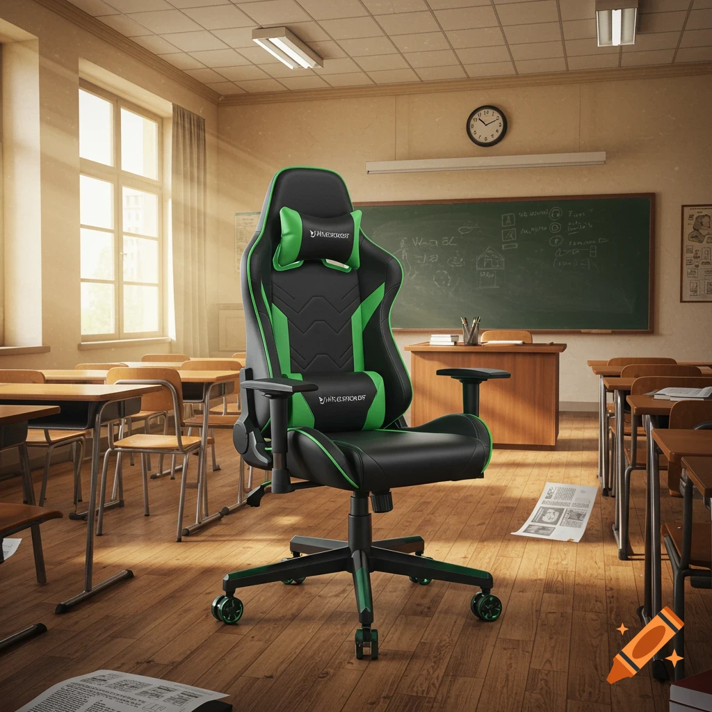 A black and green gaming chair sits centered in an empty classroom with wooden desks and a blackboard.