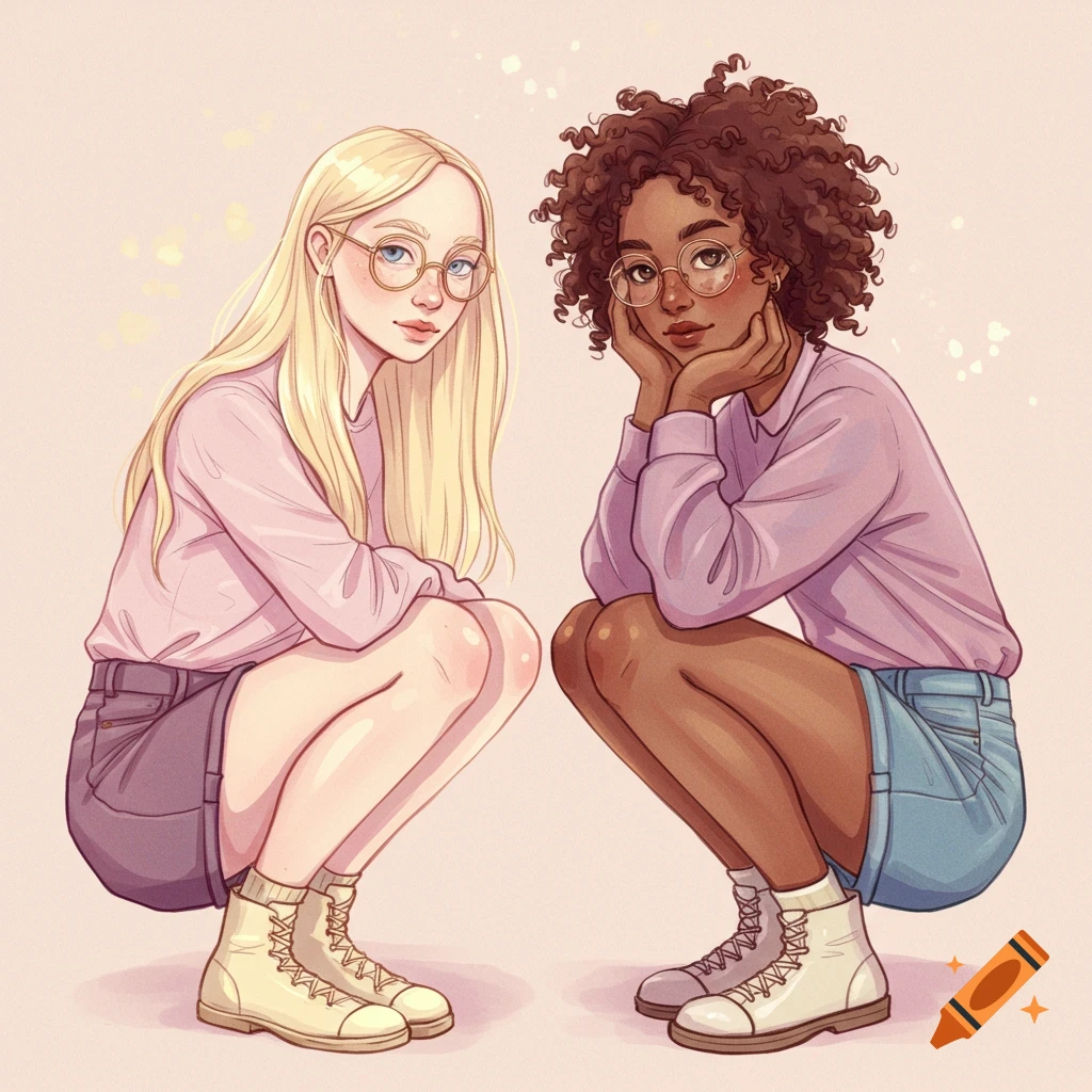 Illustrated portrait of two young women friends, one blonde, one with curly dark hair, both wearing glasses and crouching. Soft pink background.