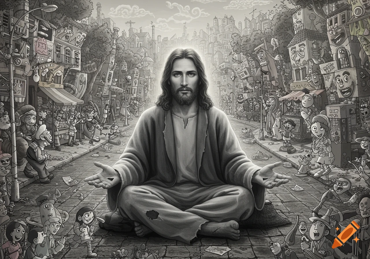 Hyper-realistic grayscale Jesus sits cross-legged with open hands in the middle of a chaotic, cartoonish city street.