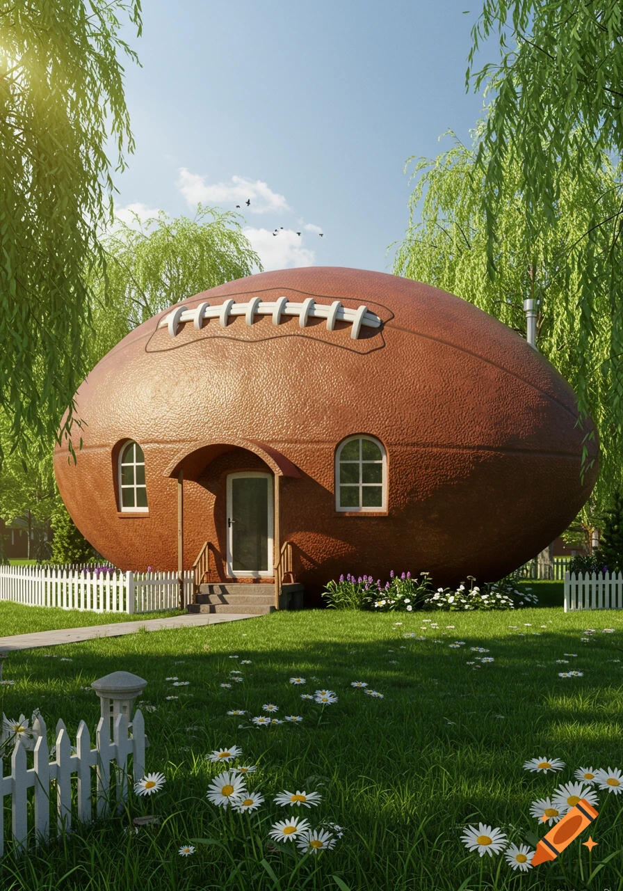 A whimsical house shaped like a football in a sunny green yard with a white picket fence and willow trees.