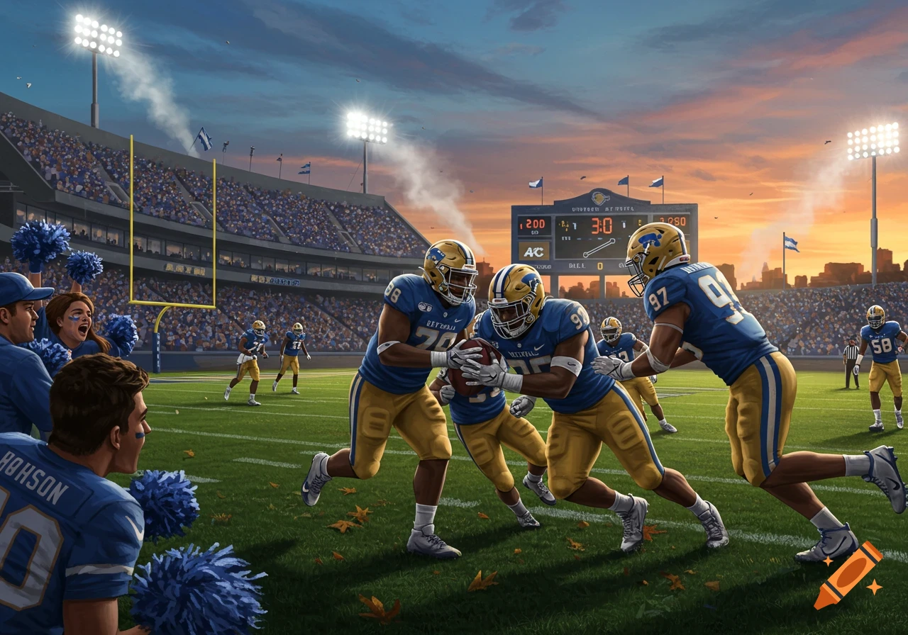 An American football game in a stadium at sunset, with players in blue and gold uniforms on the field and fans in the stands.