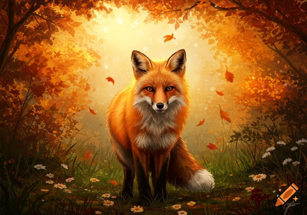 A vibrant orange fox with white fur on its chest stands in an autumn forest with bright golden leaves and falling red leaves, in a digital painting style.