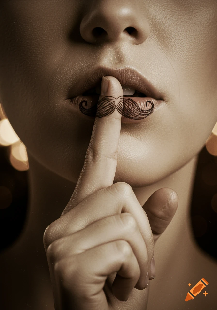 Close-up of a person's mouth with a finger held horizontally across the upper lip, featuring a drawn mustache on the finger in sepia tones.