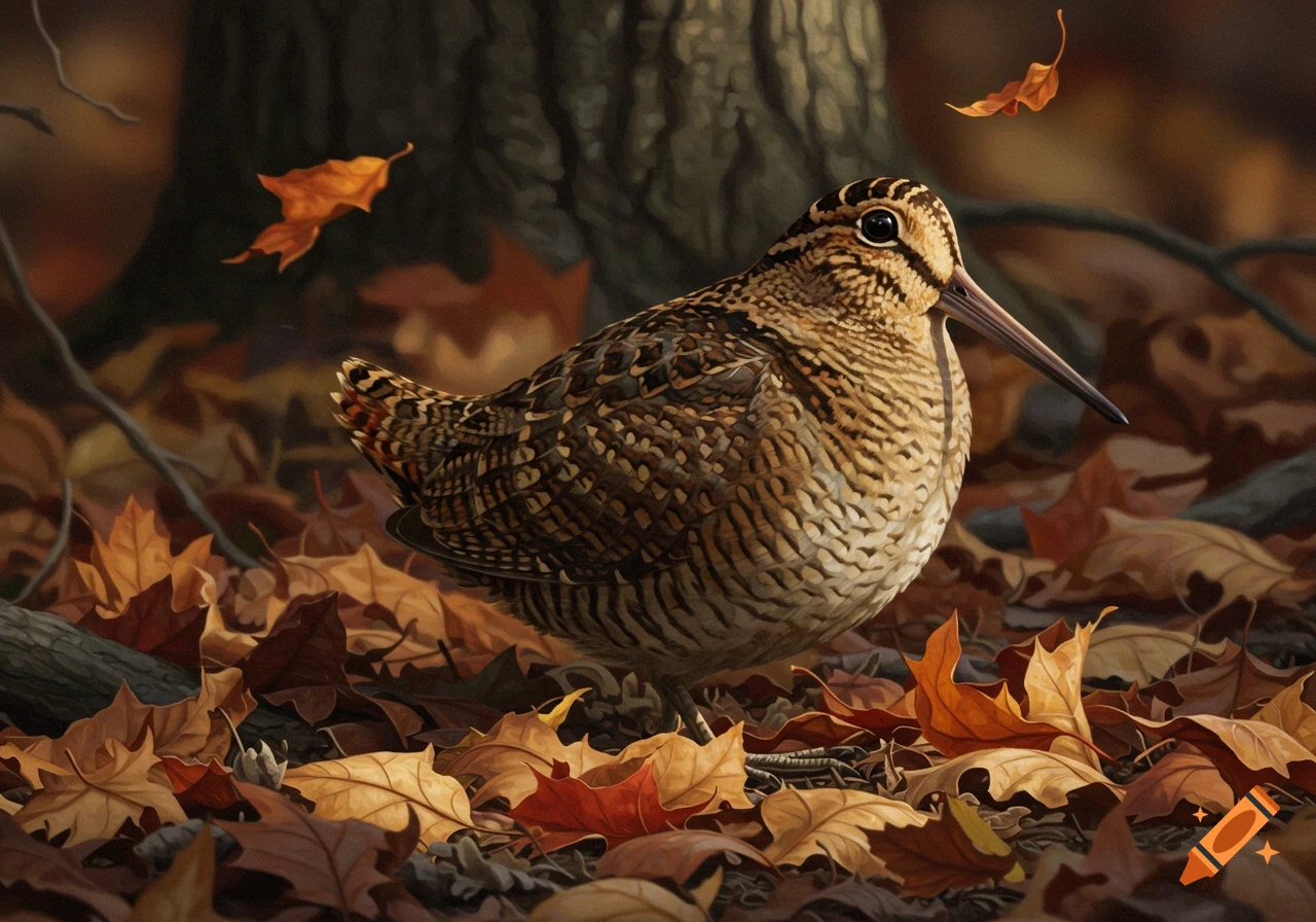 An American woodcock stands among fallen brown and orange autumn leaves on the forest floor, with a tree trunk in the background. It has mottled brown and beige feathers and a long beak.