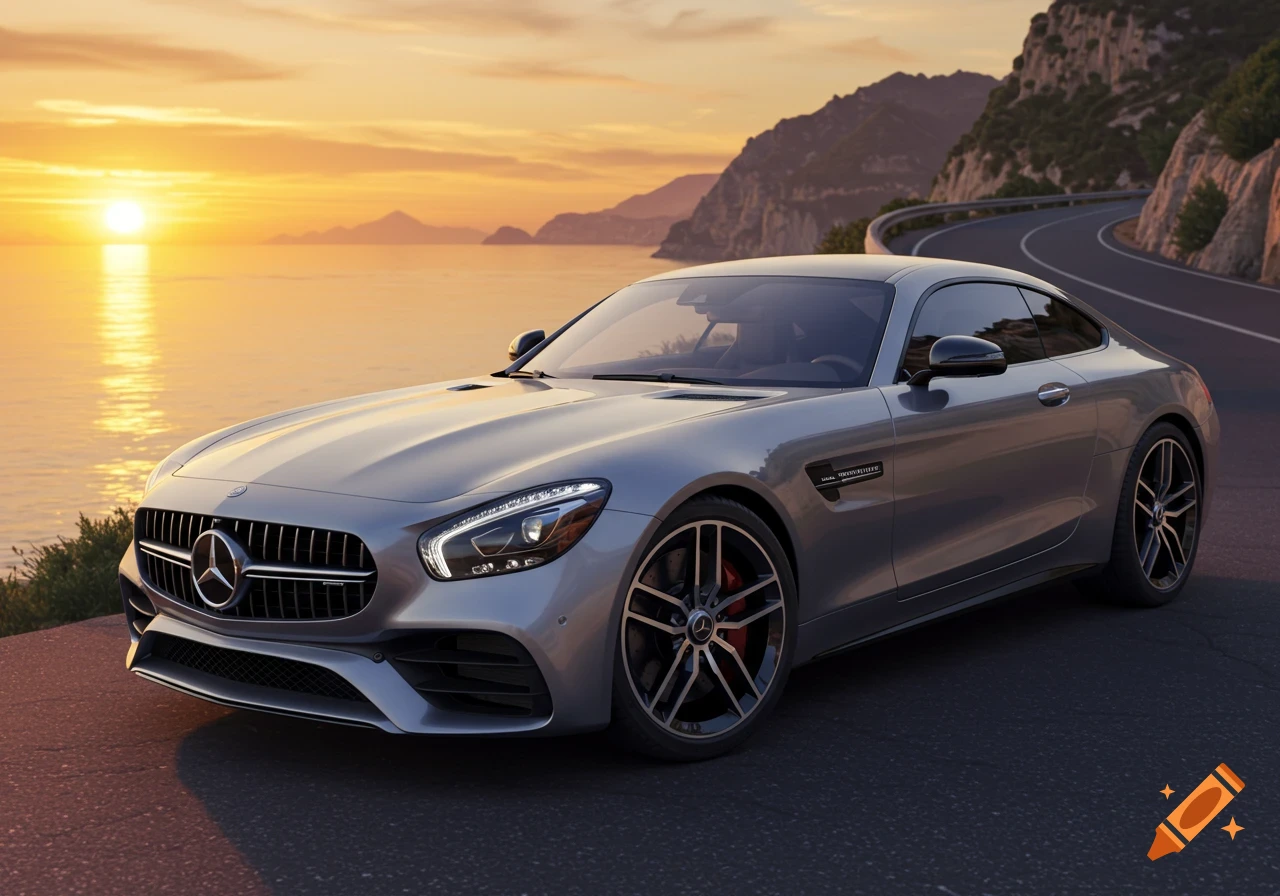 A silver Mercedes-AMG GT sports car on a winding coastal road overlooking the sea at sunset, with an orange and gold sky.