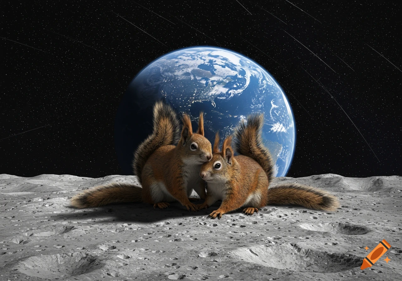 Two photorealistic European squirrels cuddled on the moon surface with Earth and a starry night sky in the background.