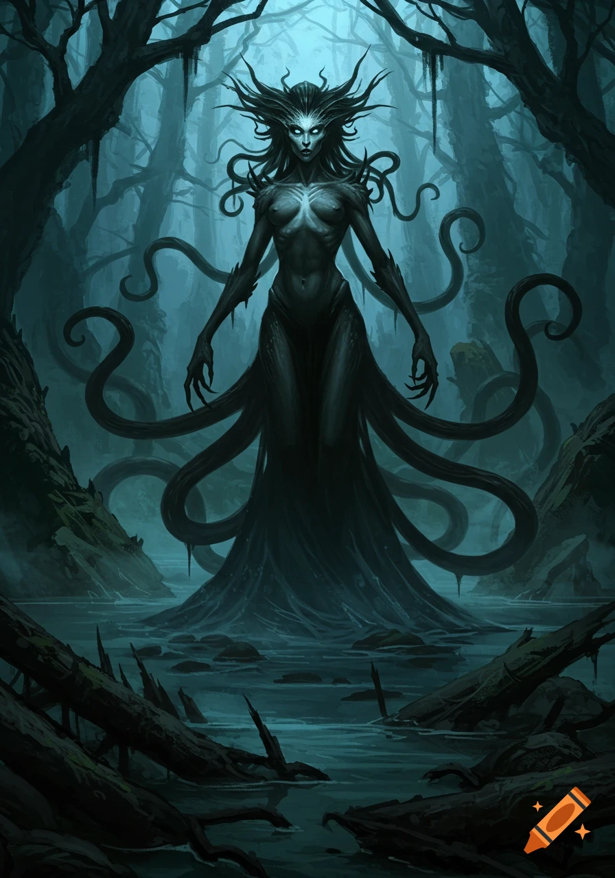 A monstrous, pale-faced creature with glowing eyes, spiky hair, and many dark tentacles for a lower body, stands in a dark swamp.
