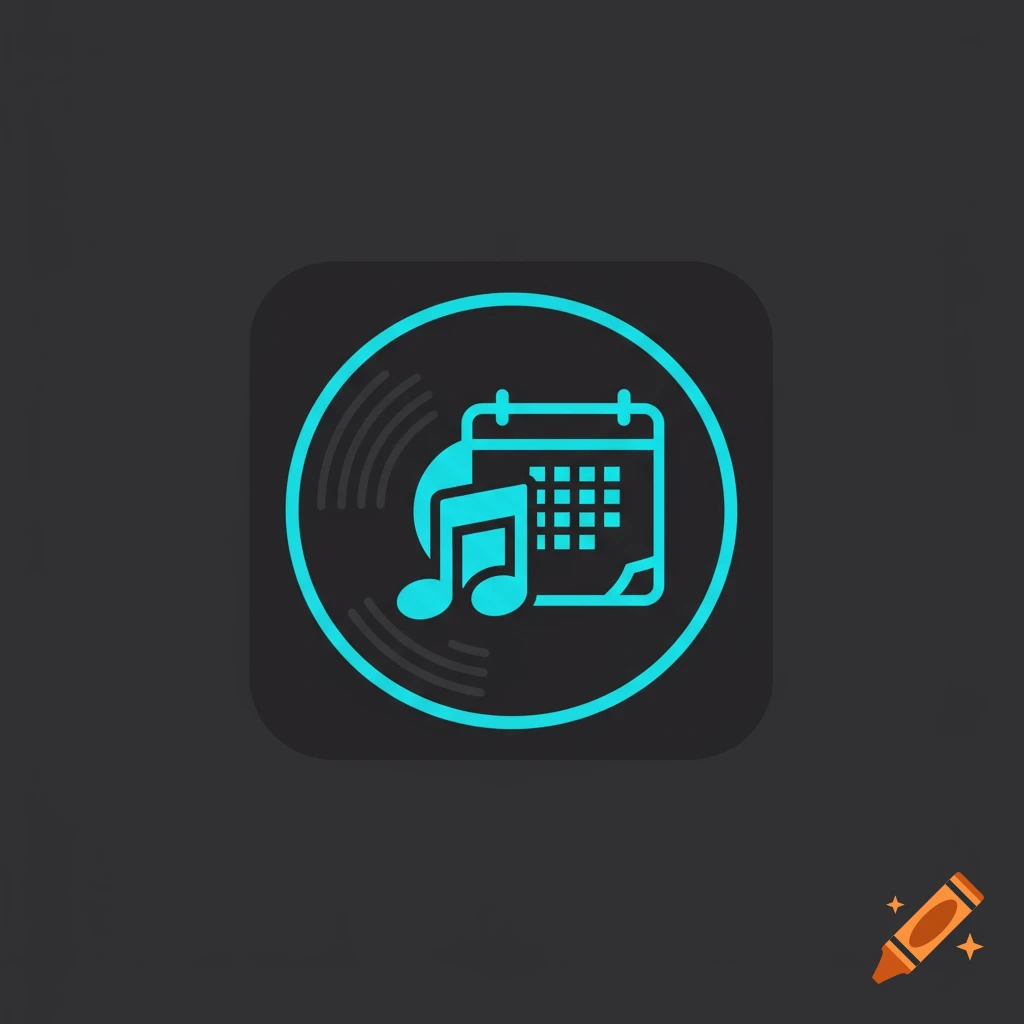 A minimalist app icon featuring a cyan music note and calendar over a stylized vinyl record on a dark background.