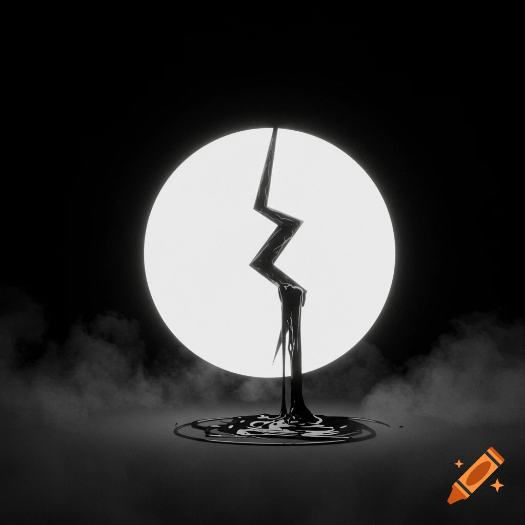 A stark image of a white circle bisected by a jagged black line, from which black ichor oozes onto a misty, dark surface.