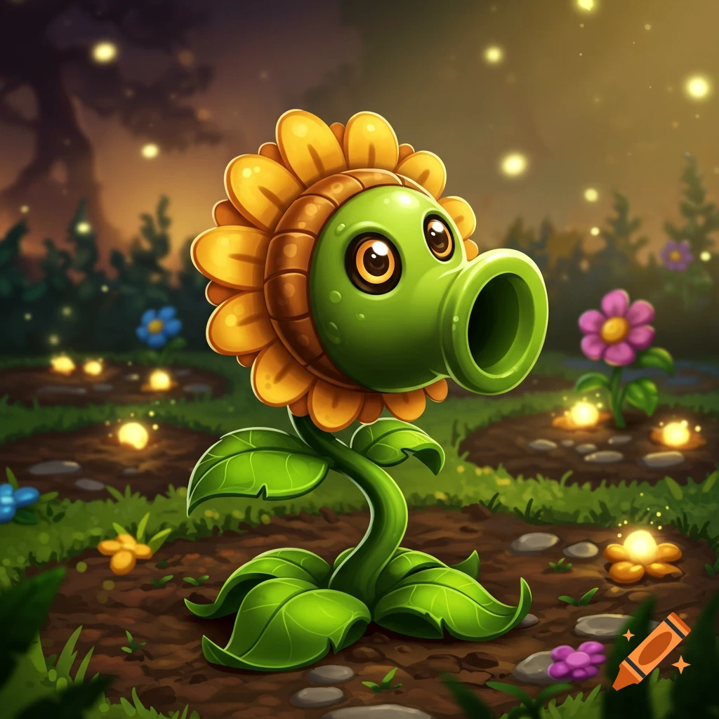 A cute, cartoon-style pea-shooter plant from Plants vs. Zombies with a sunflower head in a magical garden setting.