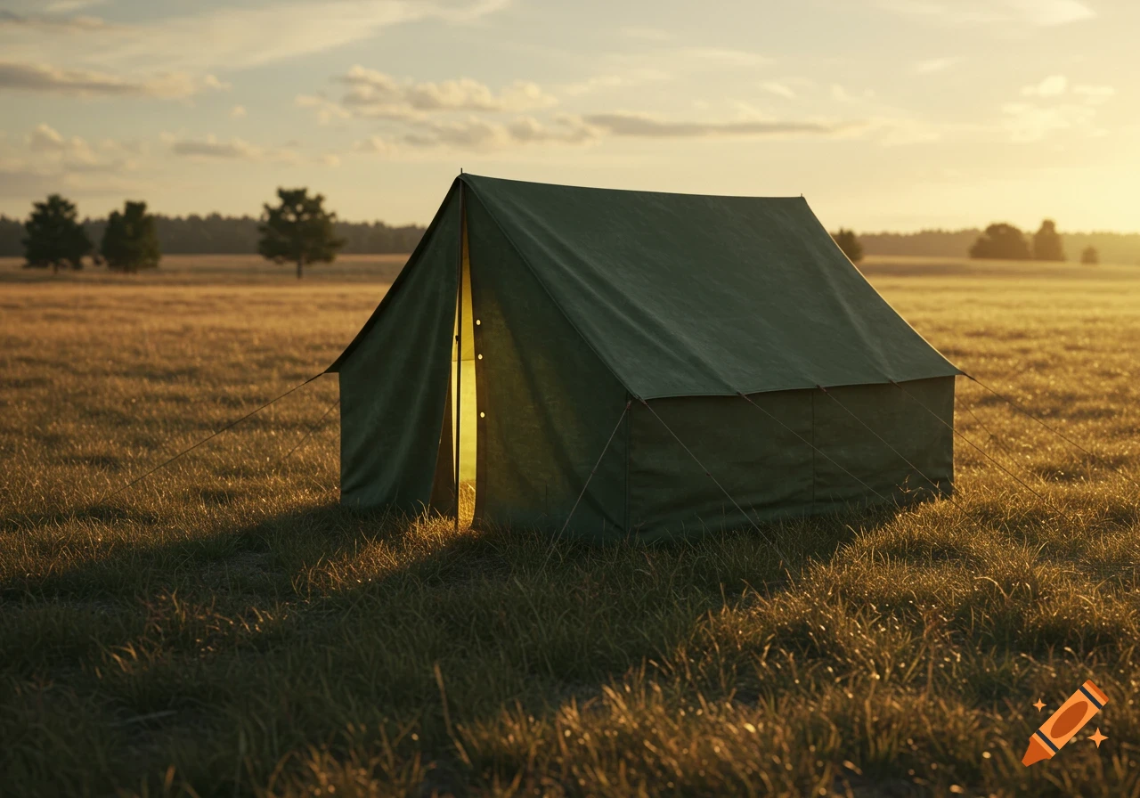 A green canvas tent illuminated from within, standing in a golden grassy field at sunrise or sunset.
