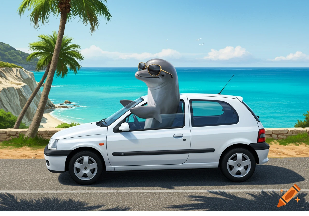 A cool dolphin wearing sunglasses drives a white hatchback car along a coastal road with palm trees and a turquoise ocean.