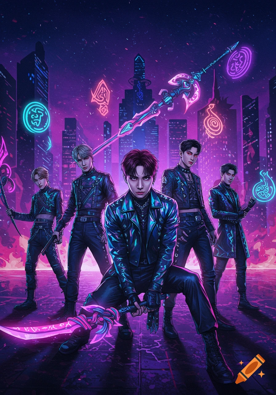 Five K-pop demon hunters in futuristic black outfits with glowing weapons stand against a neon purple cyberpunk city skyline, digital art.