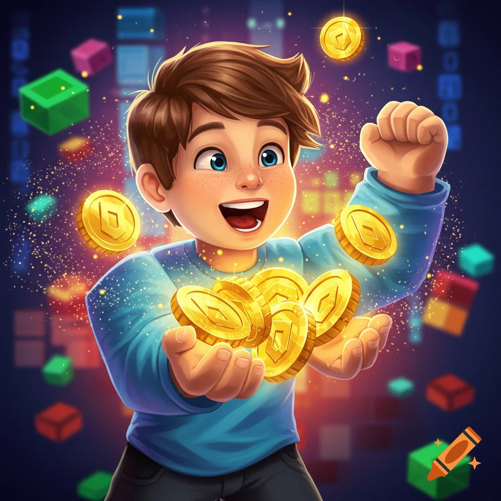A happy cartoon boy in a blue shirt holds golden coins, surrounded by more coins and colorful floating blocks.