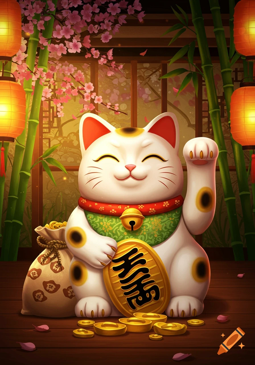 A white Maneki Neko with a raised paw, holding a gold coin, surrounded by gold coins and a money bag, set against a backdrop of bamboo and cherry blossoms.